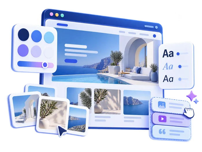 Website editor with color palettes, image choices, and customizable content blocks