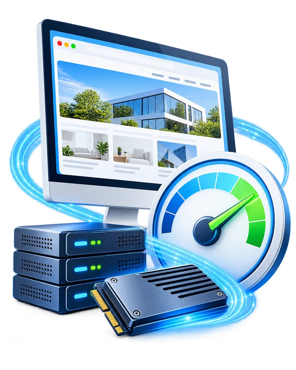 Fast website performance with a speed gauge, NVMe storage, and optimized servers